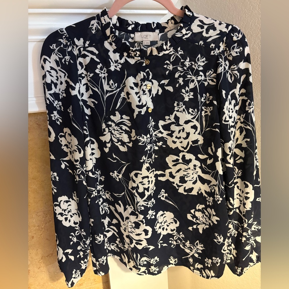 LOFT Black and Cream Floral Top